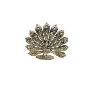 Vintage Brass Colored Cast Metallic Peacock Earring Holder Intricate Feathers &